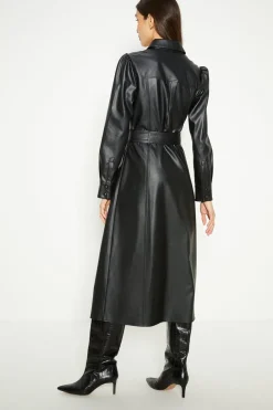 Sale Oasis Faux Leather Pleat Detail Belted Midi Dress Black