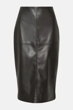 Fashion Oasis Faux Leather Seam Detail Midi Skirt Black