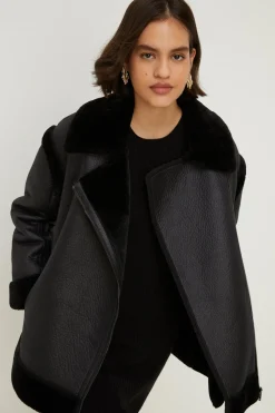 Hot Oasis Faux Shearling Aviator Jacket Khaki
