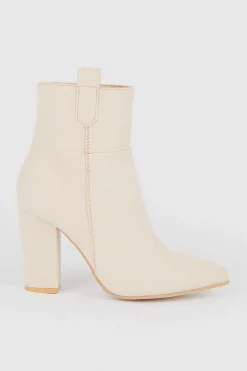 Hot Oasis Faux Suede Pointed Block Ankle Boot Beige