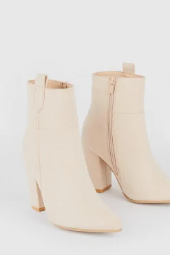 Hot Oasis Faux Suede Pointed Block Ankle Boot Beige
