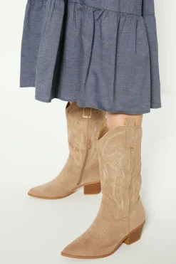 Best Oasis Faux Suede Stitch Detail Western Boot Stone