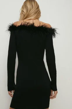 Online Oasis Feather Bardot Mini Dress Black