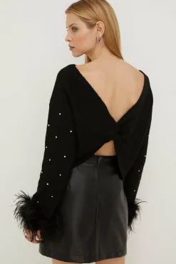 Clearance Oasis Feather Embellished Detail Cosy Twist Back Jumper Black