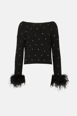 Clearance Oasis Feather Embellished Detail Cosy Twist Back Jumper Black
