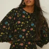 Fashion Oasis Floating Floral Shirred Cuff Midi Dress Black
