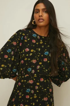 Fashion Oasis Floating Floral Shirred Cuff Midi Dress Black