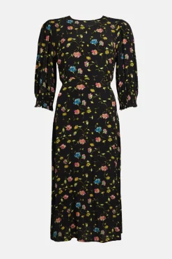 Fashion Oasis Floating Floral Shirred Cuff Midi Dress Black