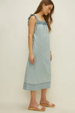 New Oasis Floaty Smock Midi Dress Pale Wash