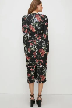 Best Oasis Floral All Over Ruched Midi Dress Black