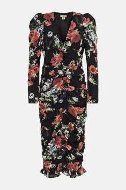 Best Oasis Floral All Over Ruched Midi Dress Black