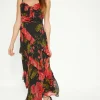 Online Oasis Floral Asymmetric Ruffle Tiered Strappy Midi Dress Black