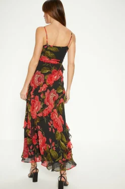 Online Oasis Floral Asymmetric Ruffle Tiered Strappy Midi Dress Black