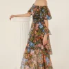 Best Oasis Floral Bardot Organza Tiered Midi Dress Black