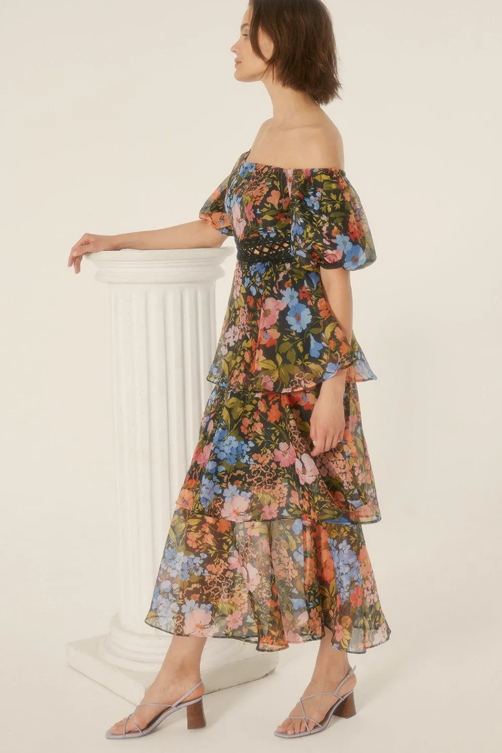 Best Oasis Floral Bardot Organza Tiered Midi Dress Black