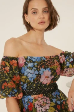 Best Oasis Floral Bardot Organza Tiered Midi Dress Black