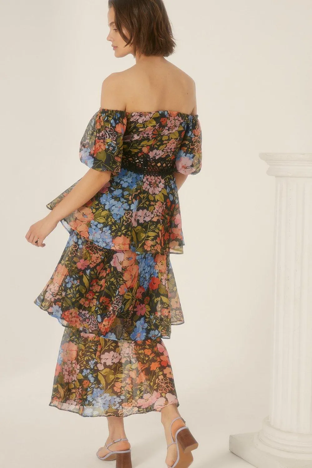 Best Oasis Floral Bardot Organza Tiered Midi Dress Black
