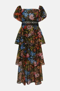 Best Oasis Floral Bardot Organza Tiered Midi Dress Black