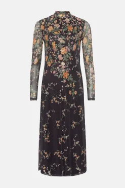 Clearance Oasis Floral Border Print Mesh Funnel Neck Midi Black