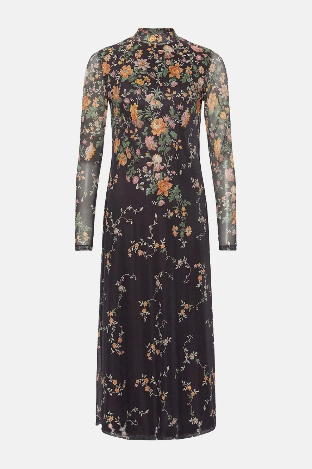 Clearance Oasis Floral Border Print Mesh Funnel Neck Midi Black