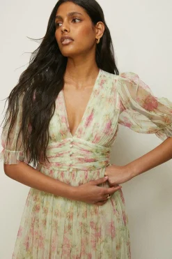 Sale Oasis Floral Button Detail Mesh Maxi Dress Sage