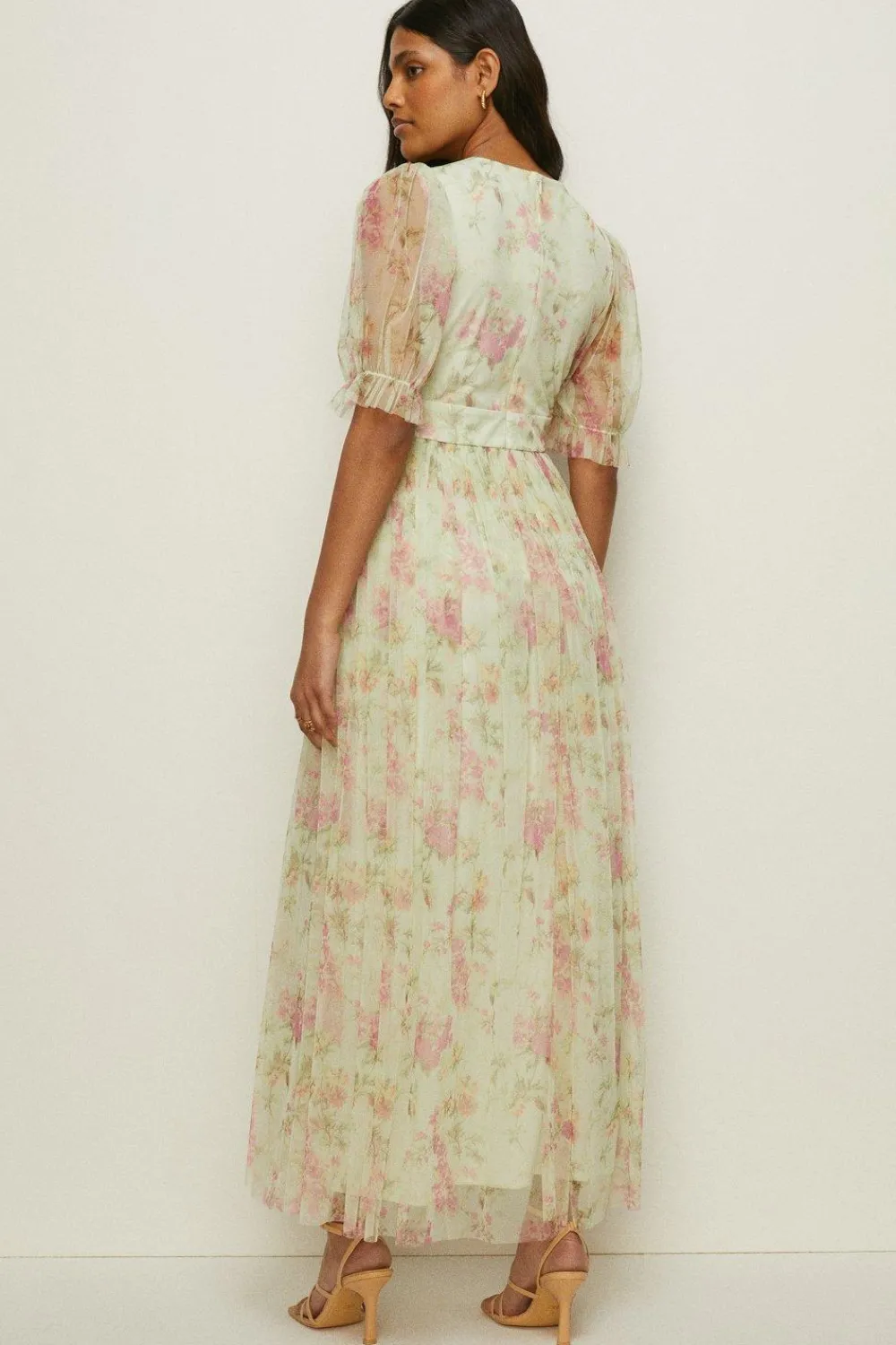 Sale Oasis Floral Button Detail Mesh Maxi Dress Sage