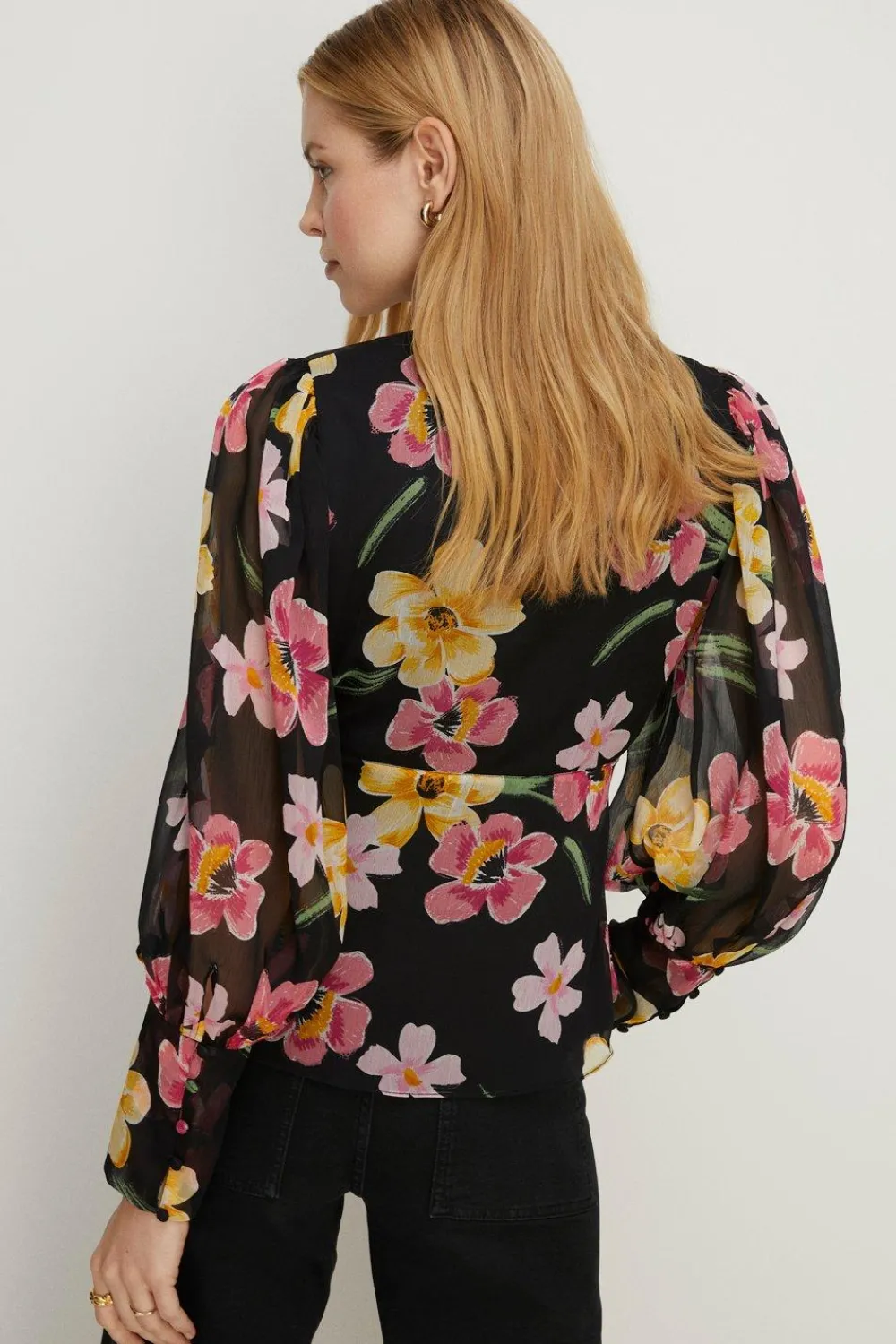 Sale Oasis Floral Chiffon Long Sleeve Top Black