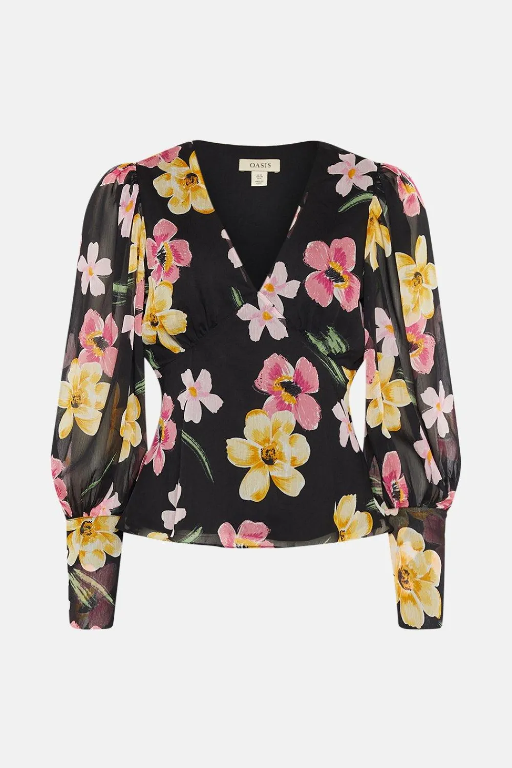 Sale Oasis Floral Chiffon Long Sleeve Top Black