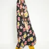Best Oasis Floral Chiffon Pleated Long Sleeve Midi Dress Black