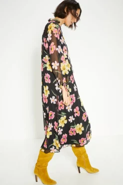 Best Oasis Floral Chiffon Pleated Long Sleeve Midi Dress Black