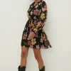 Hot Oasis Floral Chiffon Pleated Long Sleeve Skater Dress Black