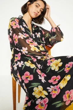 Best Oasis Floral Chiffon Pleated Long Sleeve Midi Dress Black