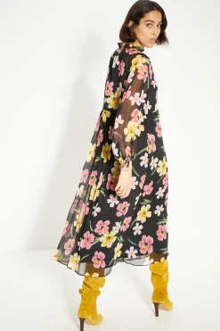 Best Oasis Floral Chiffon Pleated Long Sleeve Midi Dress Black