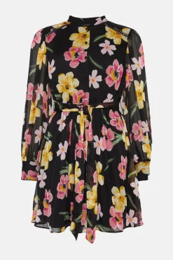 Hot Oasis Floral Chiffon Pleated Long Sleeve Skater Dress Black