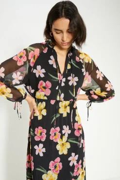 Best Oasis Floral Chiffon Pleated Long Sleeve Midi Dress Black
