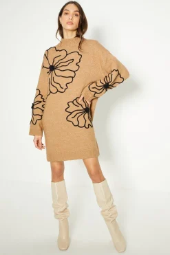 New Oasis Floral Cornelli Cosy Knitted Mini Jumper Dress Oatmeal