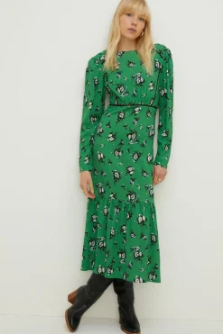 Online Oasis Floral Crinkle Crochet Insert Tier Midi Dress Green