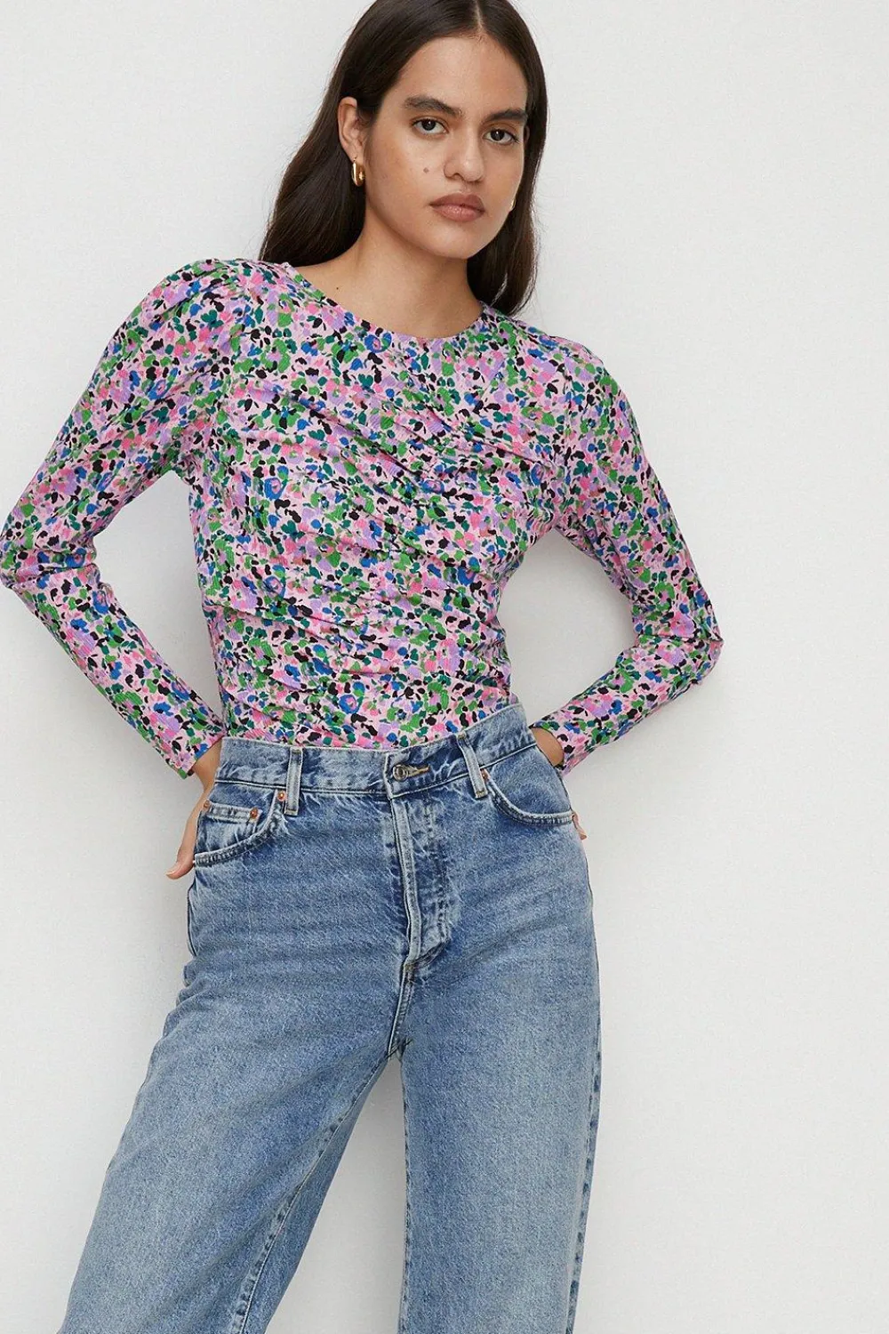 New Oasis Floral Crinkle Gathered Front Detail Top Pink