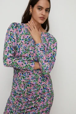 Hot Oasis Floral Crinkle Gathered Front Detail Midi Dress Pink