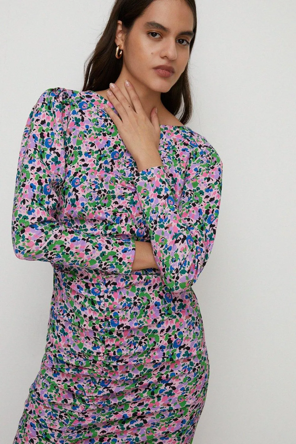 Hot Oasis Floral Crinkle Gathered Front Detail Midi Dress Pink