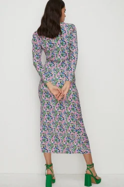 Hot Oasis Floral Crinkle Gathered Front Detail Midi Dress Pink