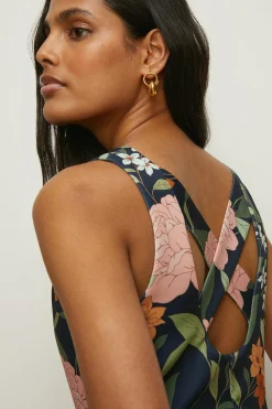 Clearance Oasis Floral Cross Back Scuba Midi Dress Navy
