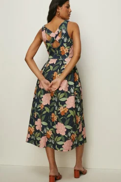 Clearance Oasis Floral Cross Back Scuba Midi Dress Navy