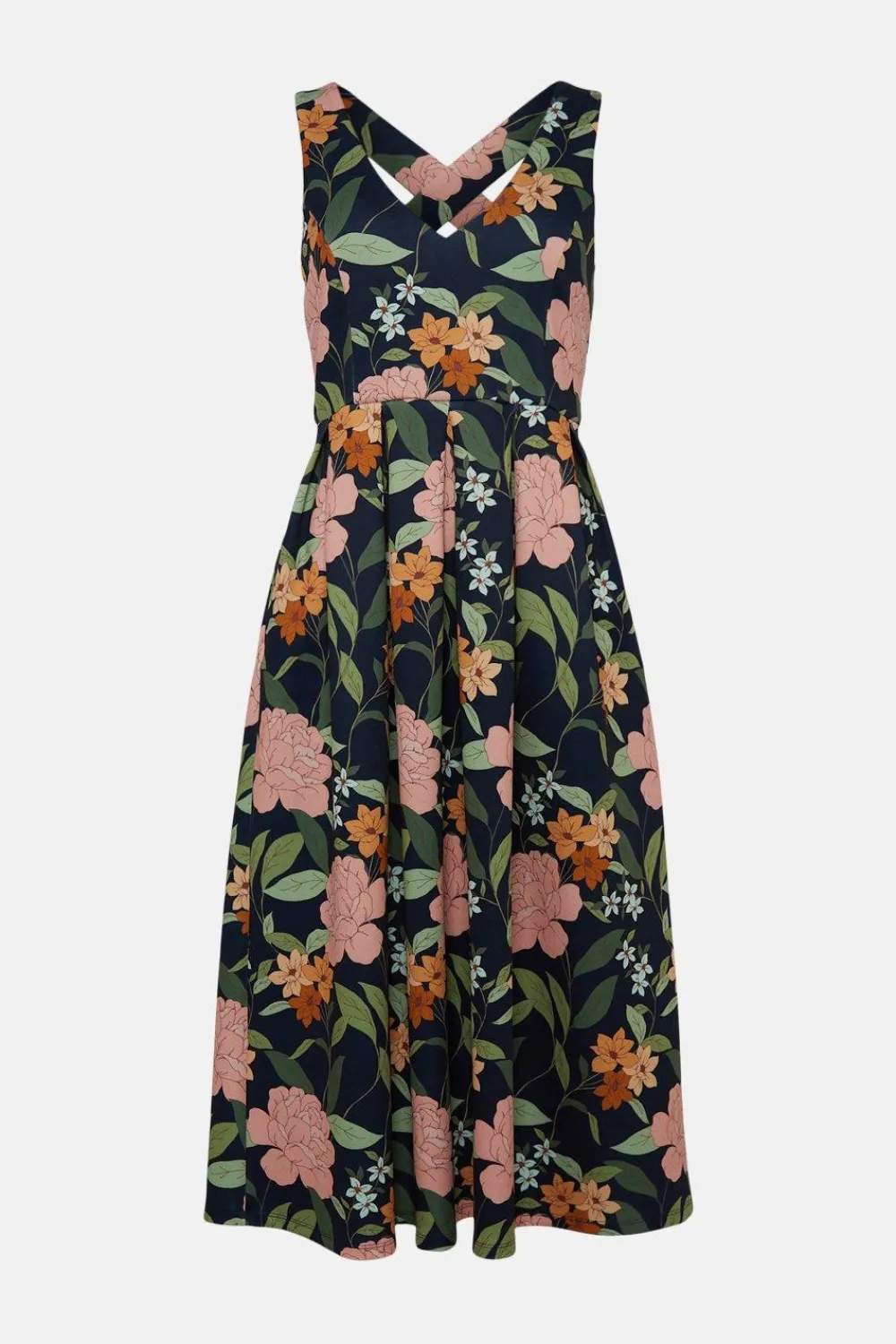 Clearance Oasis Floral Cross Back Scuba Midi Dress Navy