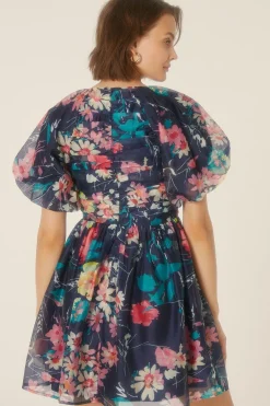Discount Oasis Floral Daisy Organza V Neck Skater Dress Navy