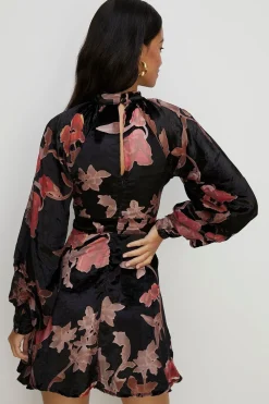 Online Oasis Floral Devore High Neck Skater Dress Black
