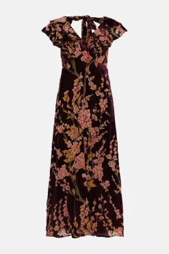 Clearance Oasis Floral Devore Ruffle V Neck Midaxi Dress Berry