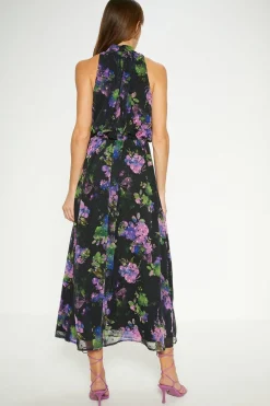 Outlet Oasis Floral Dobby Chiffon Halter Midi Dress Black