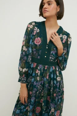 Online Oasis Floral Dobby Chiffon Lace V Neck Midi Dress Forest