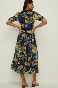 Fashion Oasis Floral Dobby Chiffon Lace V Neck Midi Dress Navy